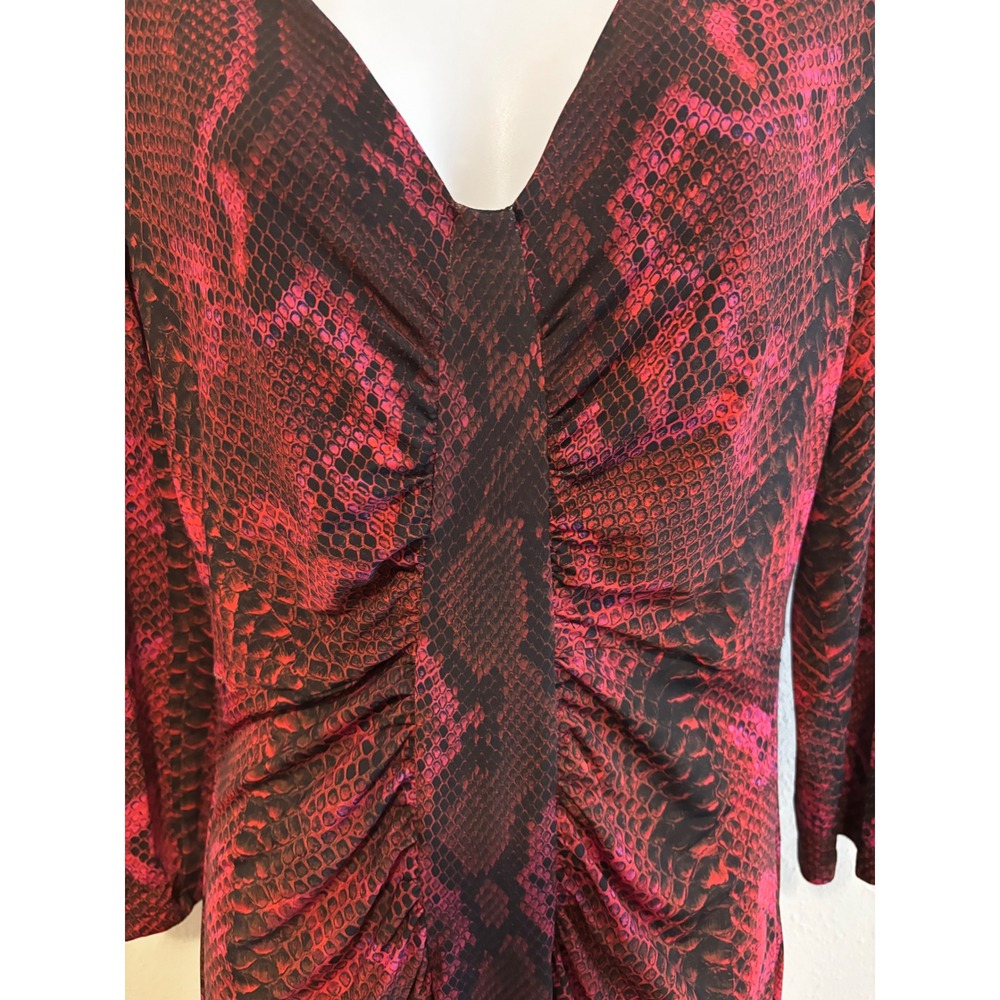 Roberto Cavalli Snakeskin Ruched Dress 46 Red Black V-Neck Sheath Bodycon